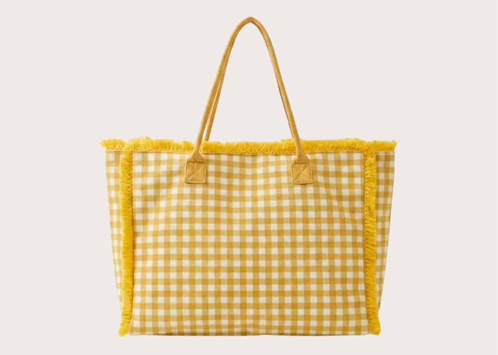 Gingham Check Frayed Tote Bag