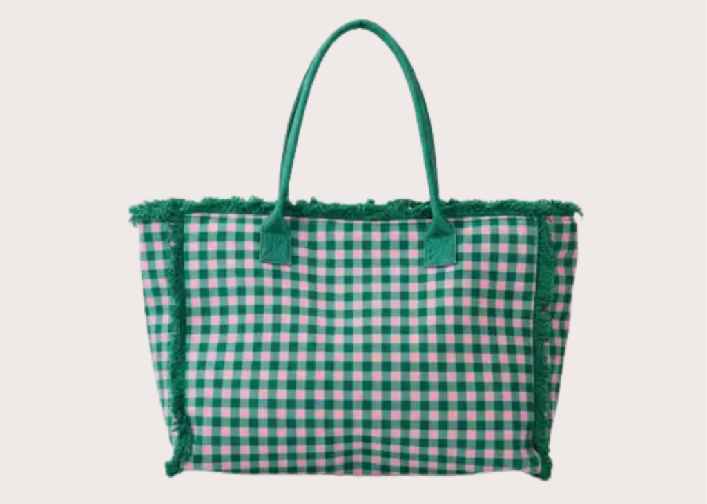 Gingham Check Frayed Tote Bag - Pink & Green