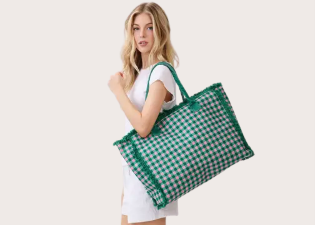 Gingham Check Frayed Tote Bag - Pink & Green