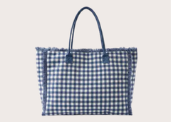 Gingham Check Frayed Tote Bag - Navy