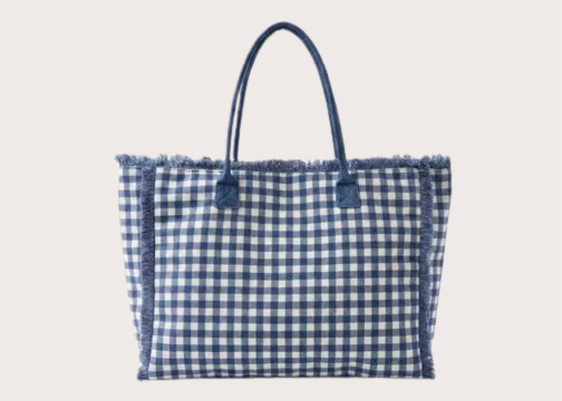 Gingham Check Frayed Tote Bag - Navy
