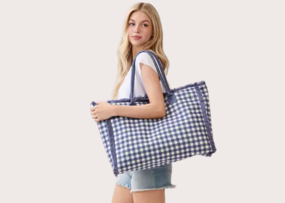 Gingham Check Frayed Tote Bag - Navy