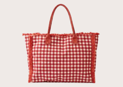 Gingham Check Frayed Tote Bag - Red