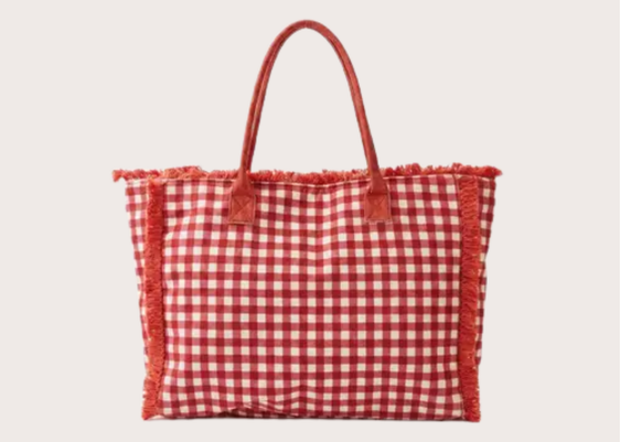 Gingham Check Frayed Tote Bag - Red