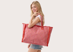 Gingham Check Frayed Tote Bag - Red