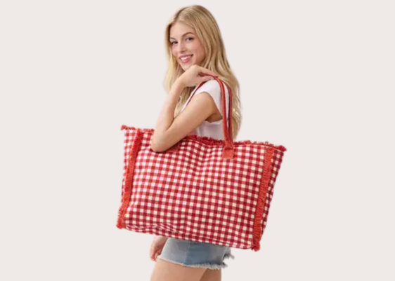 Gingham Check Frayed Tote Bag - Red
